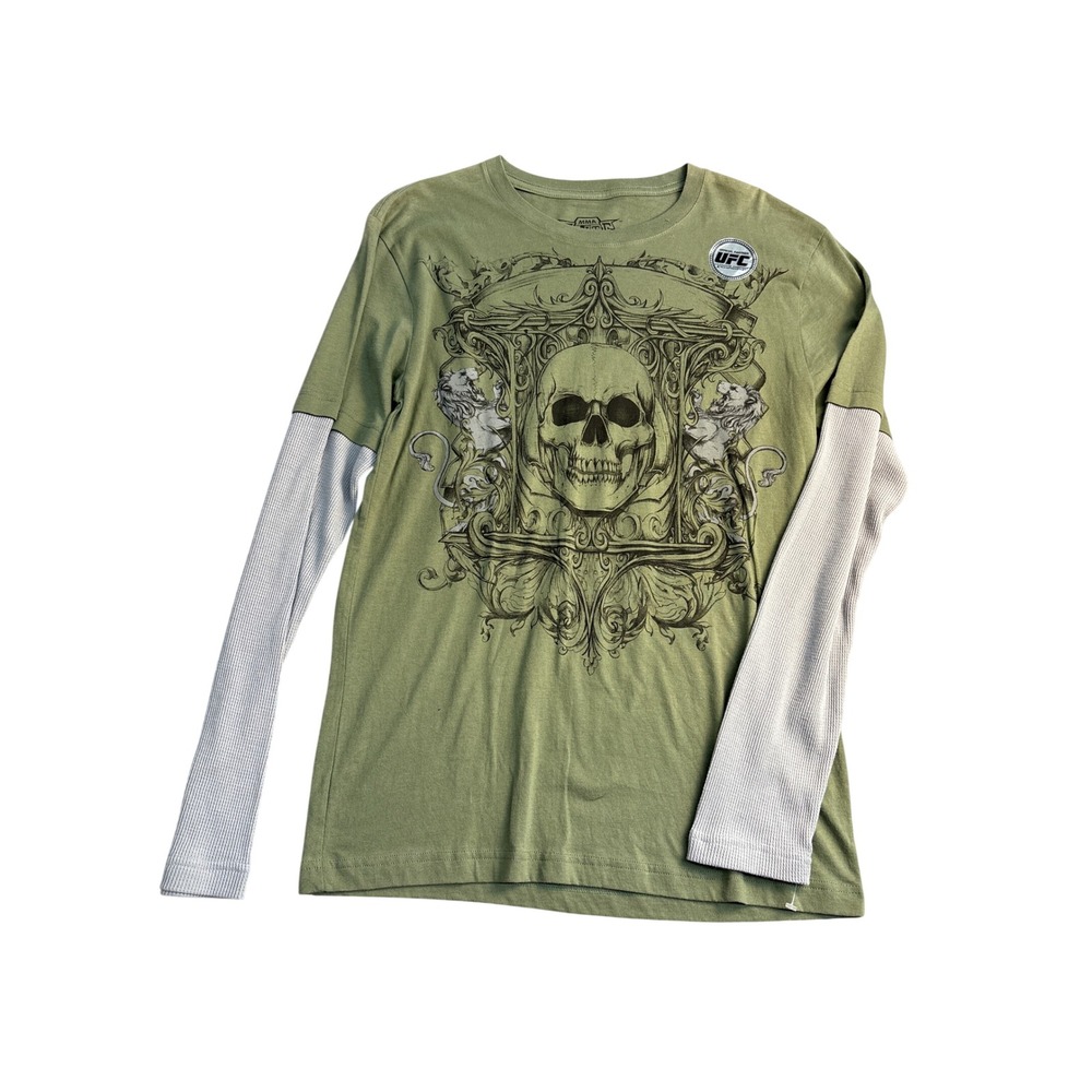 MMA Elite Mens Skull Lion Graphic Long Sleeve Shirt Olive Green Grey Size M